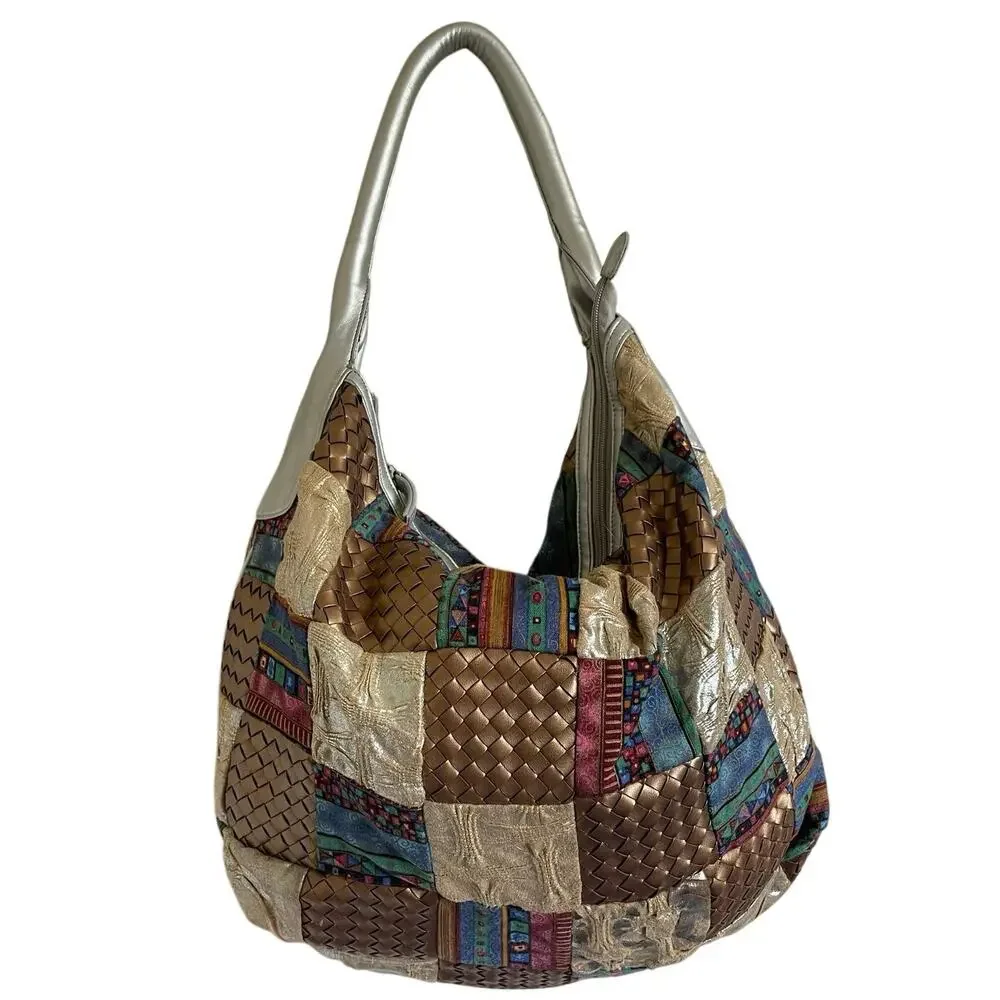 Vintage Zen Patchwork Hobo Bag – Metallic Silver Strap
